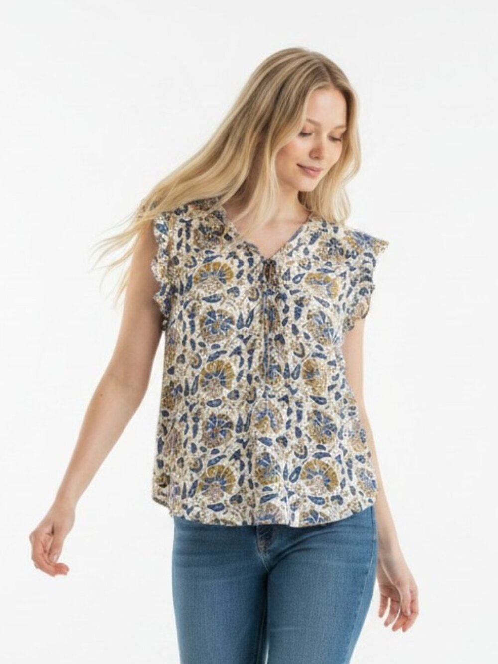 Lucky Brand Floral Boho Blouse Blue Cream Ruffle Sleeve Tie Neck Size Large